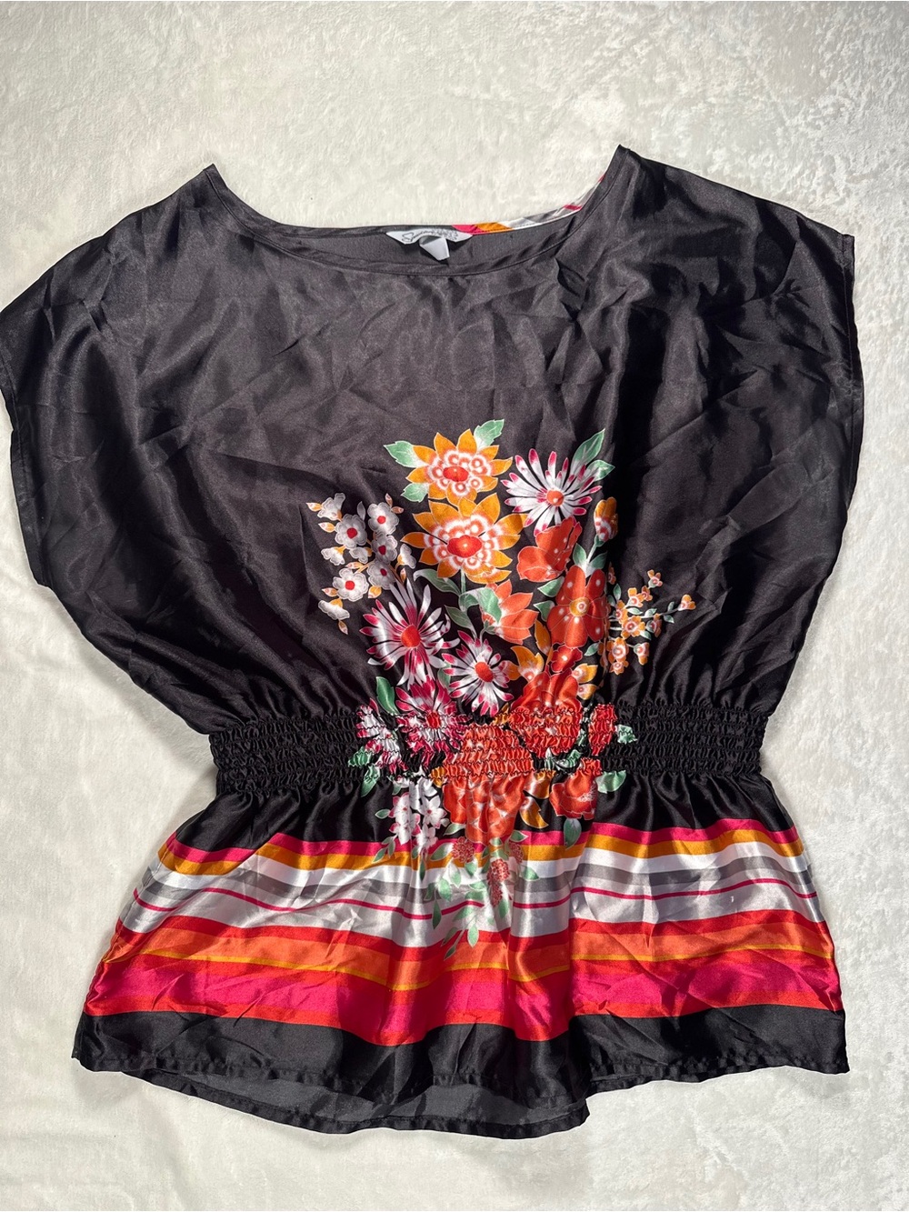 Speechless Black Tunic with Floral Center and Pink-Orange Stripe Hem